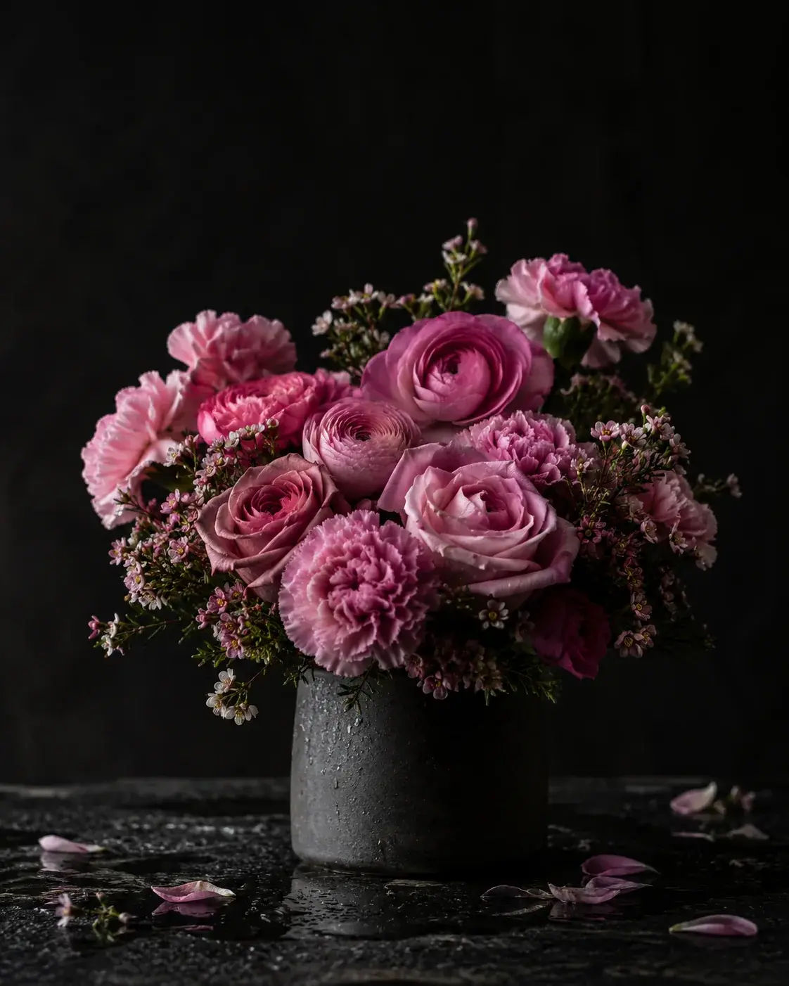 Medzi nami, ruža, ranunculus, karafiát, waxflower