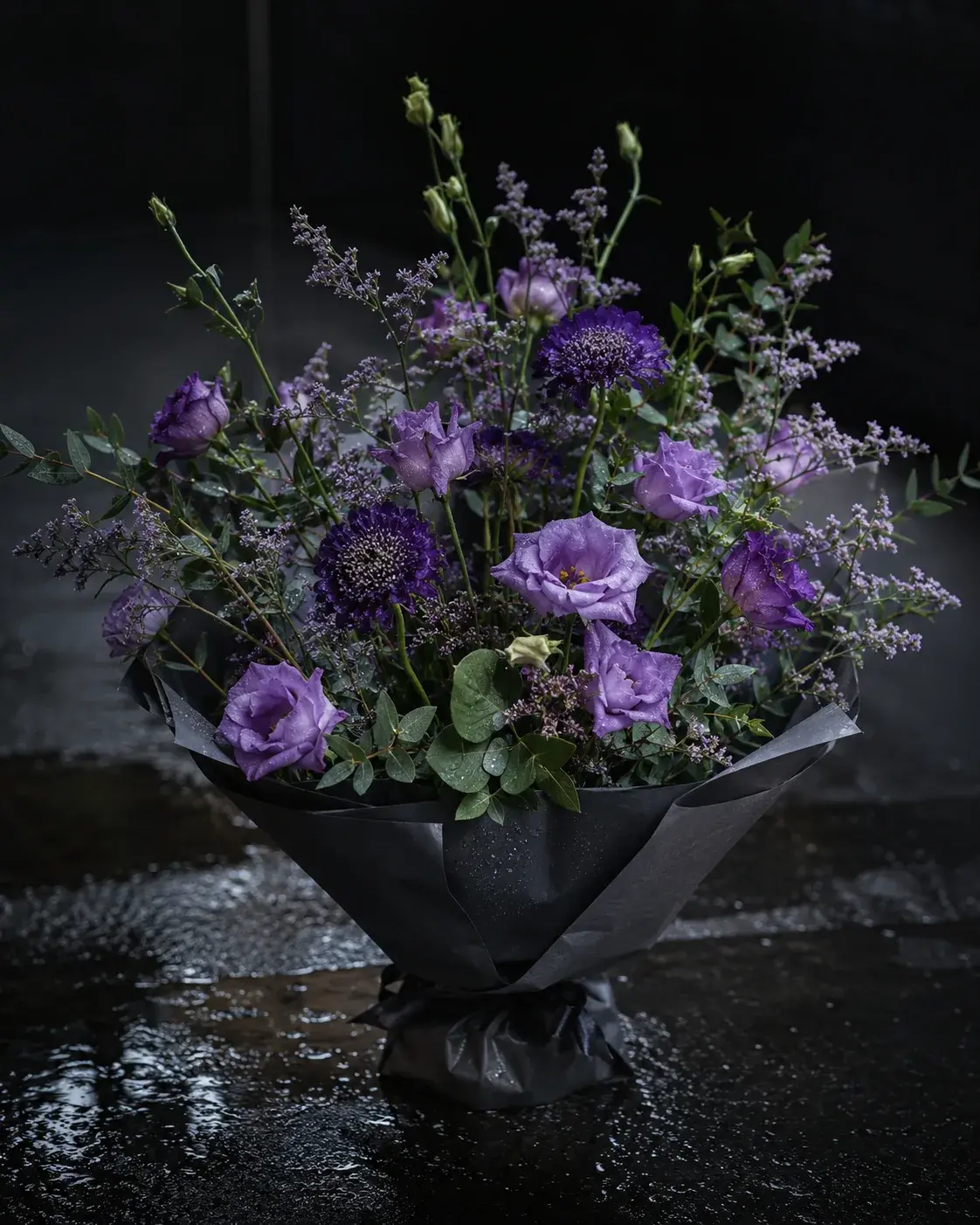 Nočná lúka, eustoma, scabiosa, limonium, sezónna zeleň