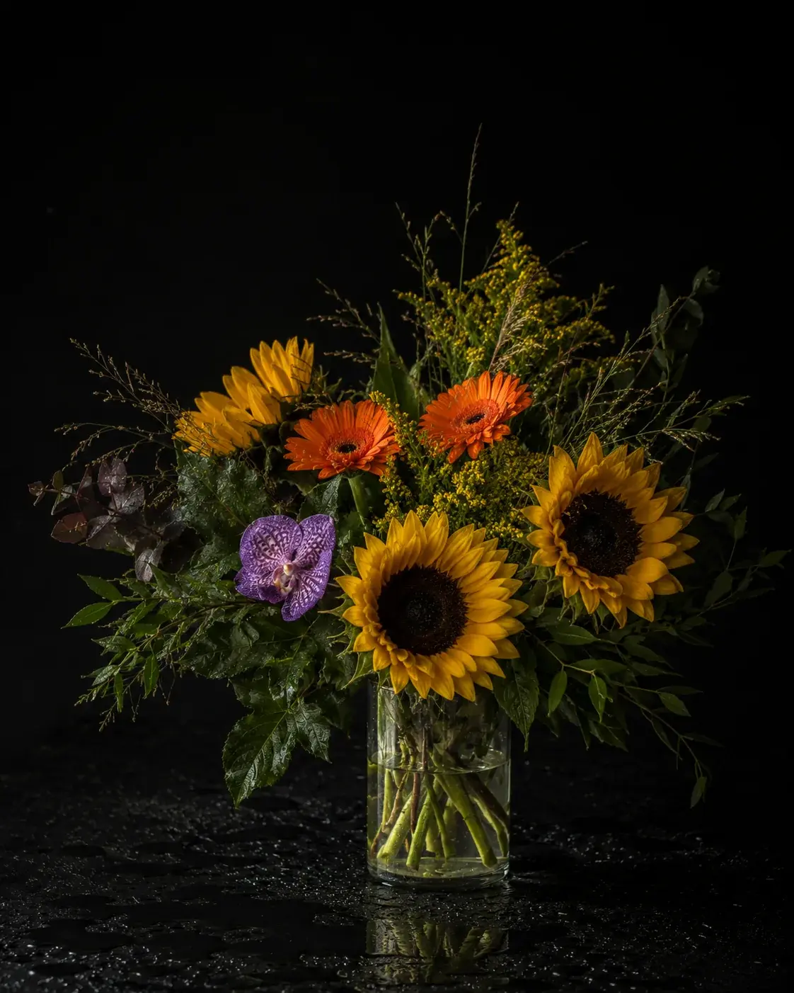 Plné slnko, slnečnica, gerbera, solidago, sezónna zeleň